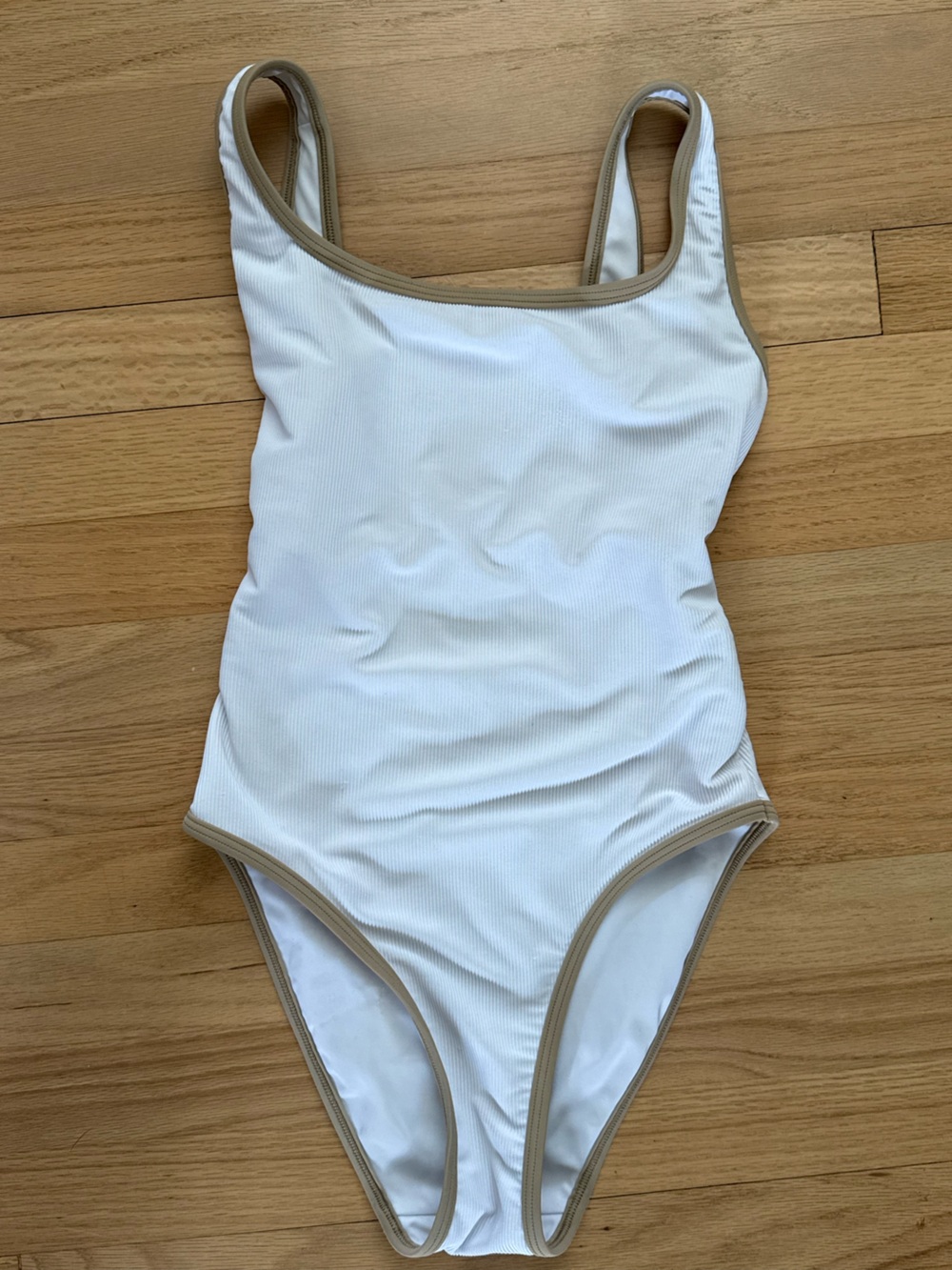 LainSnow Small White & Tan Ribbed One Piece Swimsuit